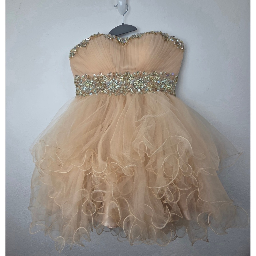 Let's Beaded Tulle Mini Dress Champagne Strapless Corset Back 5320 Womens Medium